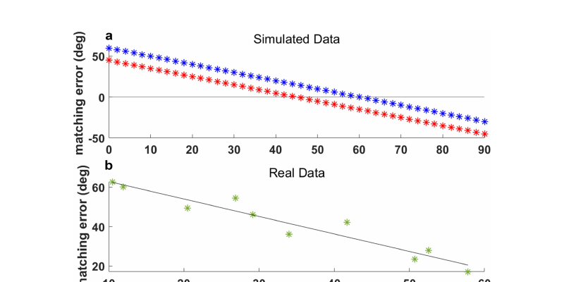 Gráficas que relacionan error de igualación de posición y ángulo probado en datos simulados y reales.