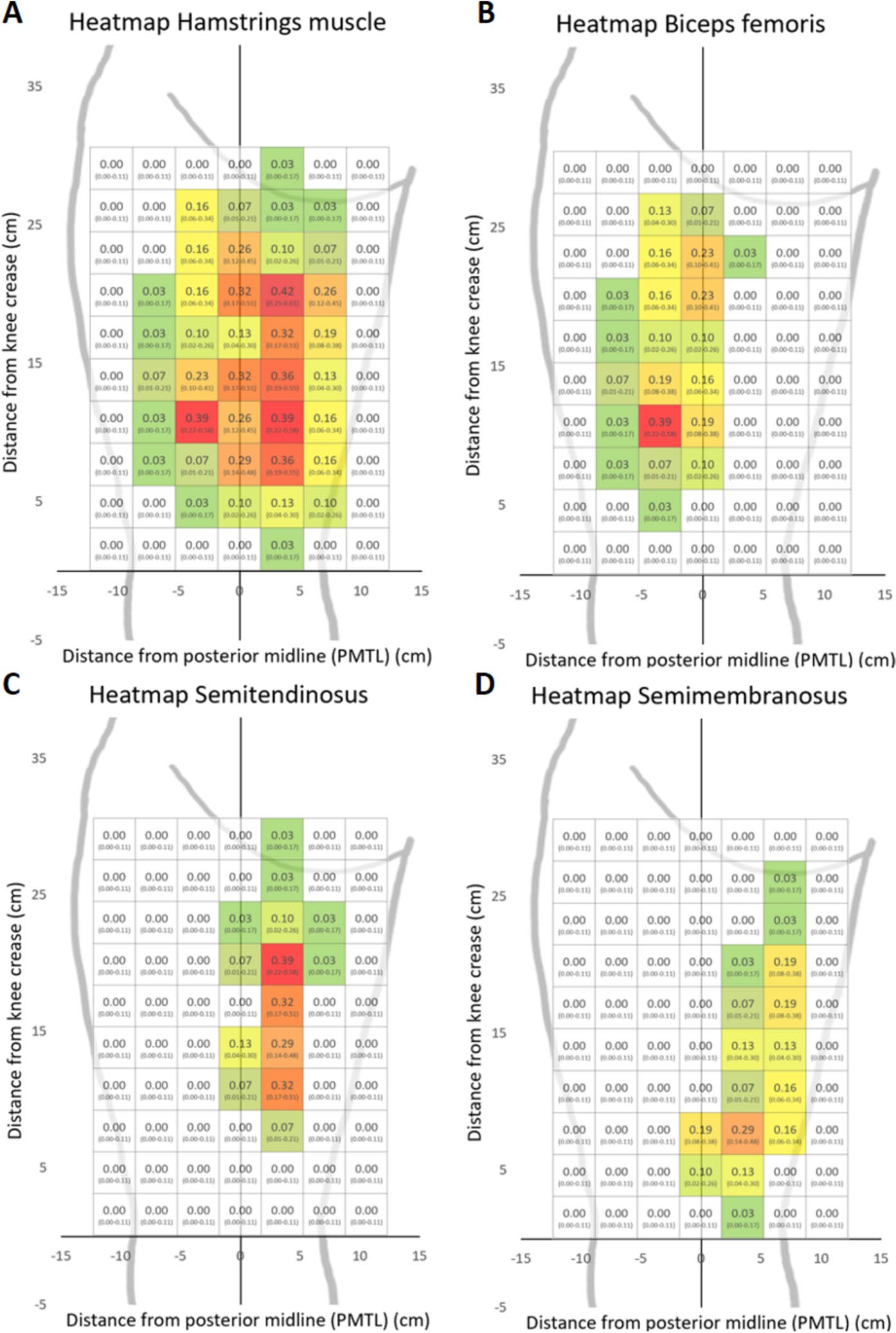 Cuatro mapas de calor con la probabilidad de localizar puntos motores en bíceps femoral, semitendinoso y semimembranoso